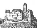 Rtteln, Gesamtansicht der Burganlage von Osten, kurz vor 1644. Kupferstich M. Merian, Topographie Alsatiae..., aus: Wagner, Oberrhein (2003)