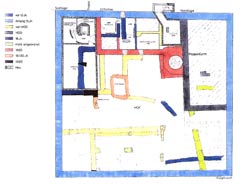 Talvogtei, Grundriss des Untergeschosses mit Bauphasen (z.T. nicht zutreffend.). Norden liegt rechts. Leusch/Schrf/Stelzle-Hglin/Fingerlin, 2000, S.93 Aus: Wagner, Oberrhein (2003)