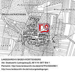 Lage der Burg Grosachsenheim in der Flurkarte NO 4301-02 von 1832 (http://www.landesarchiv-bw.de/plink/?f=2-5304498-1), Hervorhebungen: Christoph Engels