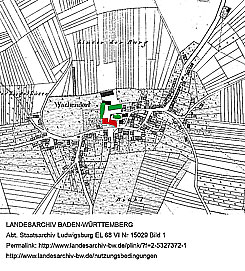 Lage von Altem und Neuem Schloss in der Flurkarte SW 1014 von 1829; (http://www.landesarchiv-bw.de/plink/?f=2-5327372-1), Hervorhebungen: Christoph Engels