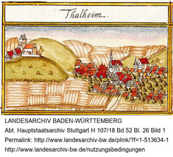 Ansicht aus dem Forstlagerbuch von Andreas Kieser (1683), links mit Dachreiter die Wasserburg, rechts das neue Schloss/Jgerhaus; (http://www.landesarchiv-bw.de/plink/?f=1-513634-1)