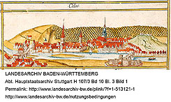 Ansicht von Calw im Kieserschen Forstlagerbuch von 1681, rechts die sprlichen Ruinen der Burg (http://www.landesarchiv-bw.de/plink/?f=1-513121).