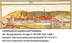 Ansicht von Calw im Kieserschen Forstlagerbuch von 1681, rechts die sprlichen Ruinen der Burg (http://www.landesarchiv-bw.de/plink/?f=1-513121).