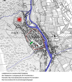 Lage von Burg und Stadt Calw in der Flurkarte NW 2021 von 1836 (http://www.landesarchiv-bw.de/plink/?f=2-5313356, Hervorhebungen: Christoph Engels. 