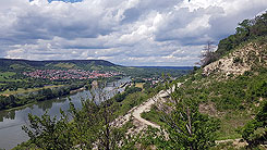 Blick auf Erlabrunn, der Burgstall Falkenberg liegt hch ber den Weinbergen, Foto: Gerlinde Baumann-Schmcker, 2019