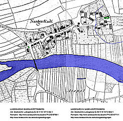 Historische Topographie von Nasgenstadt in den Flurkarten SO 2446-47 von 1821 (http://www.landesarchiv-bw.de/plink/?f=2-5318769; http://www.landesarchiv-bw.de/plink/?f=2-5318771), Hervorhebungen: Christoph Engels 2022.