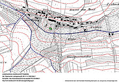 Lage in der Flurkarte SO 1952 von 1821 (http://www.landesarchiv-bw.de/plink/?f=2-5318063), Hervorhebungen und Nachtrag Hhenschichtlinien gem Geo-Portal Baden-Wrttemberg (Datenquelle: LGL, www.lgl-bw.de): Christoph Engels 2022.