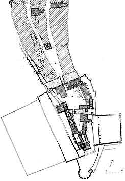 Die Grundrissdisposition der Knigsresidenz von Buda um 1540. Die vorhandenen Bauteile sind schwarz markiert. Rekonstruktionsversuch von Gyrgy Szekr.