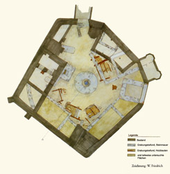 Grabungsplan der Burg Romrod, (Zeichnung W. Friedrich), aus: Waltraud Friedrich, Von der Holzburg der Herren von Romrod zum Sommersitz der Gro�herz�ge von Darmstadt, in: Denkmalpflege und Kulturgeschichte 2000/2, S. 40