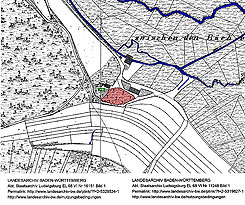 Lage in den Flurkarten SO3201/SW3201 von 1838 (http://www.landesarchiv-bw.de/plink/?f=2-5319827; http://www.landesarchiv-bw.de/plink/?f=2-5329534-1), Hervorhebungen: Christoph Engels 2023. 