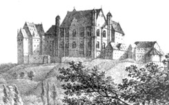 Schloss Marburg von Norden. Lithografie 19. Jh., EBI Dokumentation Marburg