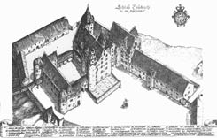 Das Schloss im 17. Jh.. Rekonstruktionsvorschlag von Mller-Hillebrandt, aus: Traudel Wellenktter, Laubach, Geschichte und Gegenwart, Laubach 2004