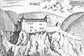 Dobra: Historische Ansicht der Burg. Stich: Georg Matthus Vischer (1672).