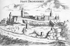 Drosendorf: Historische Ansicht. Stich: Georg Matthus Vischer (1672).