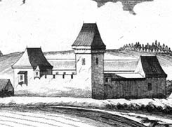 Feinfeld: Historische Ansicht der Burg. Stich: Georg Matthus Vischer (1672).