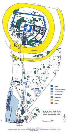 Feinfeld: Befundplan der Kern- und Vorburg. Plan: Verein ASINOE/Bundesdenkmalamt (2002).