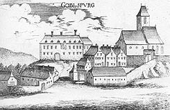 Gobelsburg: Historische Ansicht des Schlosses. Stich: Georg Matthäus Vischer (1672).