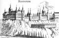 Rosenburg: Historische Ansicht des Burg-Schlosses von Nordosten. Stich: Georg Matthus Vischer (1672).