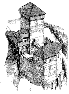 Hypothetische Rekonstruktion der Burg, Zustand 1. H. 13. Jahrhundert, Ansicht von Süden. Grafik: Gerhard Reichhalter (1993).