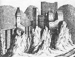 Historische Ansicht der Burg. Stich von Georg Matthus Vischer (1672)