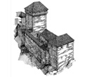 Hypthetische Rekonstruktion der Burg; Ansicht von Sdwesten. Grafik: Gerhard Reichhalter (1995).