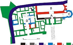 Schematische Grundriss des Palast und Kirchenkomplex mit Grundbauphasen. 1  vorromanische Mauerresten; 2  romanische Bauphase I (vor dem Mite des 11. Jh.); 3 romanische Ringmauer (Ende des 11.-Anfang des 12. Jh.); 4 - romanische Bauphase II (13. Jh); 5 14.-1. Hlfte des 15. Jh.; 6  2. Hlfte des 15.-Mitte des 18. Jh.; A  sog. Untere Kirche; B  sog. Obere Kirche; C  sptromanische Kapelle; D  Palast.