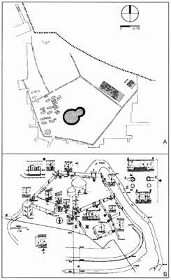 A - Grundriss der festgestellten und freigelegten Teile des großmährischen Herrenhofes (A. Ruttkay); B - Technische Rekonstruktion des Herrenhofes (H. Albrecht)