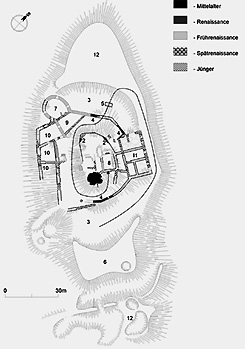 Hrad Oponice, Grundriss und Bauentwicklung der Burg (nach Bna-Plaček-Lukačka 1998)