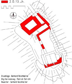 Grundriss der Burg. Grundlage und Baualtersbestimmung: Gerhard Reichhalter; Digitalisierung: Patrick Schicht (2007).