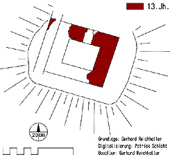 Grundriss des Bergfrieds der Vorburg. Grundlage und Baualtersbestimmung: Gerhard Reichhalter. Digitalisierung: Patrick Schicht (2006).