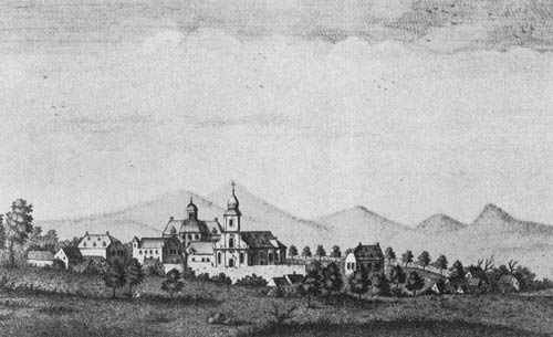 Kirche und Schloss im Jahr 1785, aus: KD Mayen (1941)