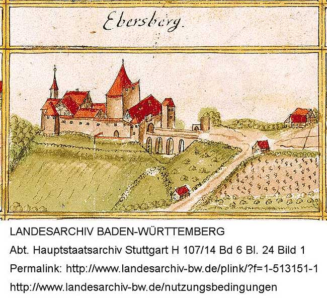 Ansicht aus dem Kieserschen Forstlagerbuch von 1685. Der nördliche Torturm hier fälschlich quadratisch dargestellt. (http://www.landesarchiv-bw.de/plink/?f=1-513151-1)