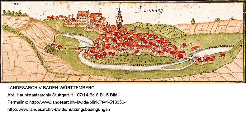 Ansicht aus dem Kieserschen Forstlagerbuch von 1685. Zu diesem Zeitpunkt ist die Burg (am linken Rand der Stadt)  abgetragen und der Schlossneubau eingestellt, (http://www.landesarchiv-bw.de/plink/?f=1-513056-1)